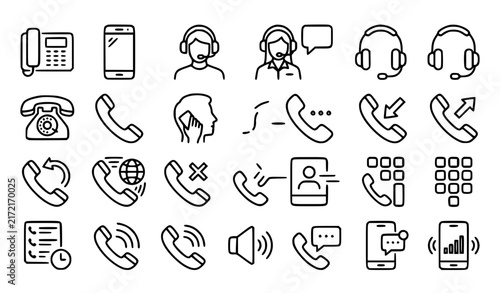 Canvas Print Telephone and smartphone linear vector icon set featuring call center support he