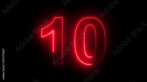 Vibrant glowing neon number ten animated countdown with pulsing red light effects on a deep black background, for modern digital, presentations, cinematic intros, and event openers