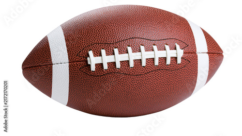 Brown leather American football with white laces and stripes, isolated on transparent background