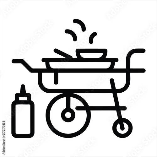 Simple linear icon of a street food cart with pan and bottle