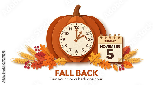 Daylight saving time ending concept featuring pumpkin clock and november calendar on white background