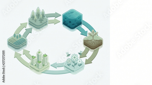 Circular economy diagram loop showing forest, water, garden, city, and agriculture stages connected by sustainable resource arrows