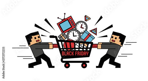 Two men pulling Black Friday shopping cart.