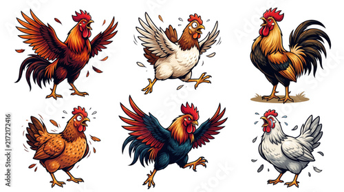 Rooster and Chicken Farm Animal Vector Clipart Set