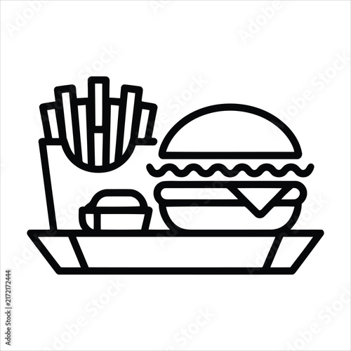 Simple linear icon representing a fast food meal with burger fries and a dip on a tray