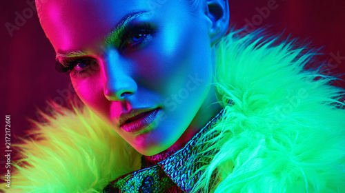 Vibrant Neon Portrait of Confident Woman with Colorful Fashion and Bold Makeup