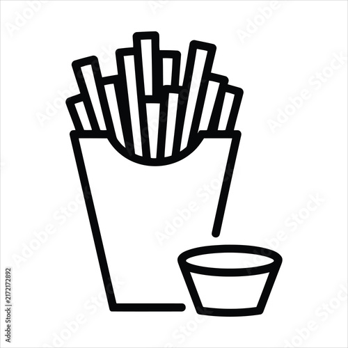 Simple linear icon showing a container of french fries with a small dipping sauce bowl beside it