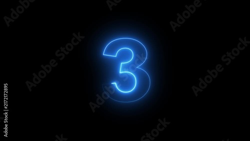 Electric blue neon number three glowing symbol isolated on black background, for modern digital, countdown timer, cinematic, motion technology interface, and dynamic broadcast