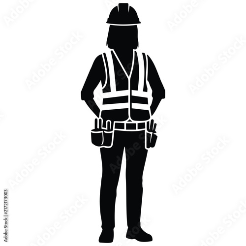 Female construction worker standing proud silhouette vector illustration wearing safety vest.