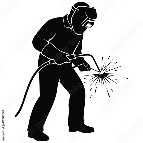 Industrial welder vector silhouette illustration with helmet working with bright sparks.
