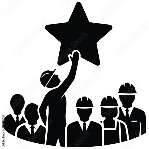 Industrial worker reaching star vector illustration for professional career success concept.