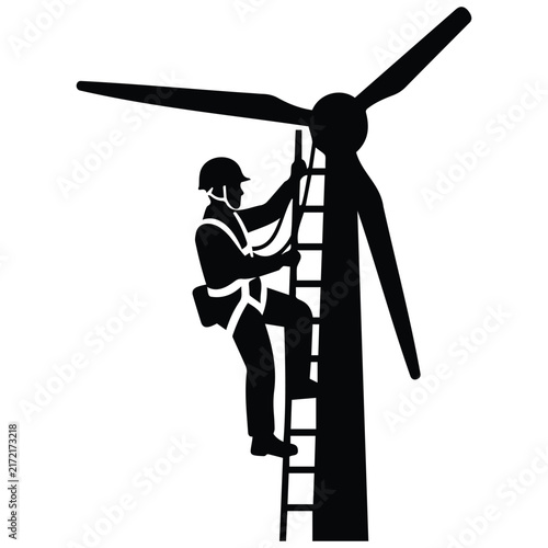 Wind turbine technician climbing ladder silhouette vector illustration for green energy.