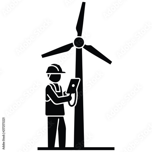 Wind energy engineer inspecting turbine silhouette vector illustration for sustainability.
