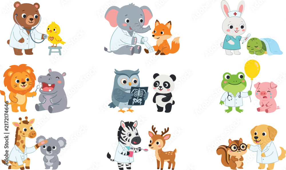 Obraz premium Cute cartoon pediatric animal doctors treating patient animals vector scene collection on white background.