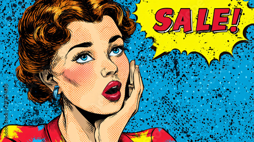 Vintage Comic Style Woman Surprise Expression with Sale Announcement in Pop Art