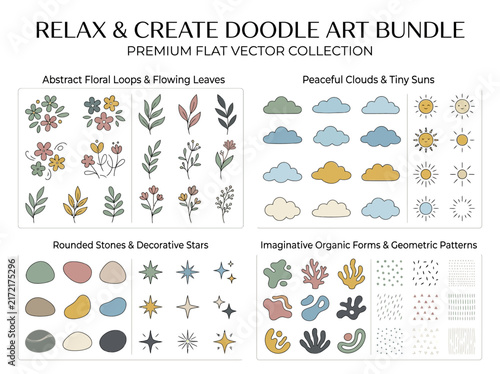 Doodle Art Bundle Creation Featuring Hand Drawn Abstract Florals Clouds Stars and Organic Shapes Flat Vector Elements