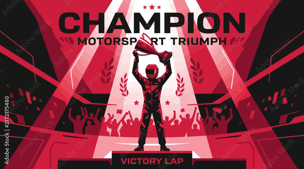 Fototapeta premium Champion Motorsport Triumph Celebration With Trophy And Excited Crowd