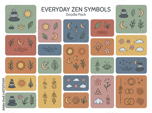 Zen Symbols Doodle Pack Vector with Boho Celestial Sun Moon Stones and Botanical Leaf Elements