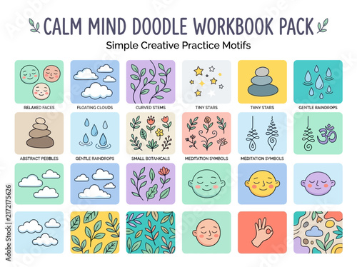 Calm mind doodle workbook pack featuring simple creative meditation practice motifs, hand drawn vector illustration