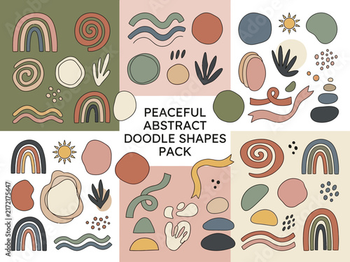 Flat lay collection of peaceful abstract doodle shapes and organic vector elements in trendy boho style