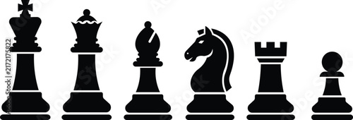 Bild auf Leinwand Black Chess Pieces Silhouette Collection With King Queen Knight Rook