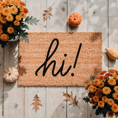 Coir doormat with hello text surrounded by autumn pumpkins and orange flowers on a rustic wooden porch floor
