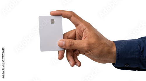 Quadro su tela Credit card white blank plastic mockup pinched between fingers with chip for ban
