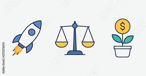 Rocket Launch, Balance Scale and Financial Growth Icon Set