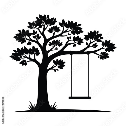 Silhouette of Big Tree with Wooden Swing Hanging from Branches