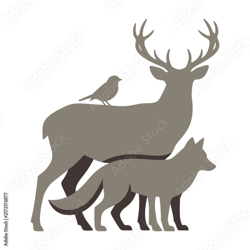 Gray Silhouette of Deer Wolf and Bird Walking Together in Forest Nature Style