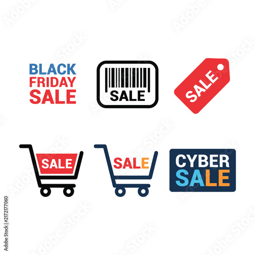 Collection of sale icons including barcode, shopping cart, price tag, and cyber sale labels on white background