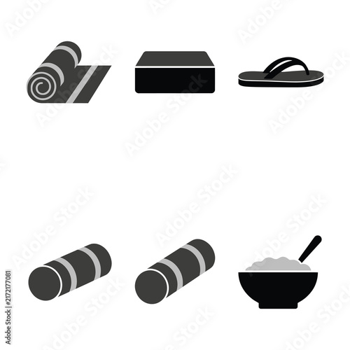 Japanese Culture Icon Set Including Sushi Rolls, Bento Box, Flip Flops, and Rice Bowl Illustration