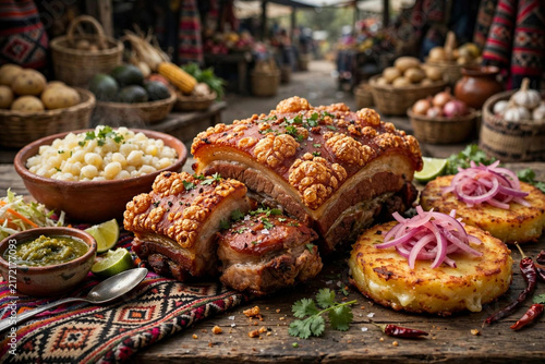 Ecuadorian hornado roasted pork with mote and llapingacho