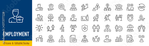 Employment line icon set. Job, career, hiring, recruitment, employee, vacancy, workforce, interview, resume, candidate, workplace, salary, training, skills, collection. Editable stroke. Vector
