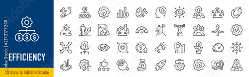 Efficiency line icon set in editable stroke style. Productivity, optimization, workflow, automation, performance, time management, process, resource, productivity, improvement, collection. Vector