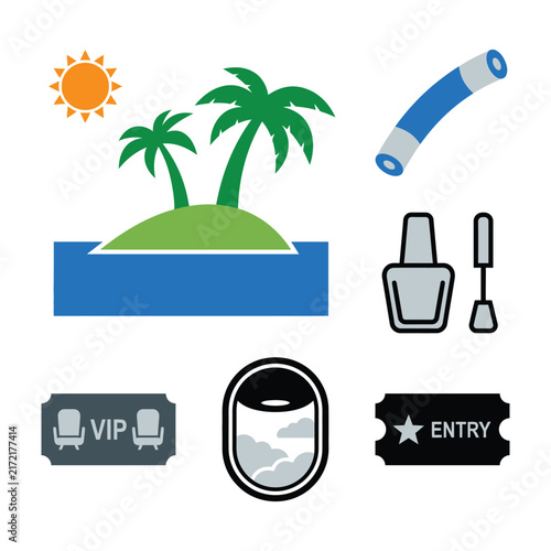 Collection of icons featuring tropical island, sun, palm trees, nail polish, vip ticket and entry pass