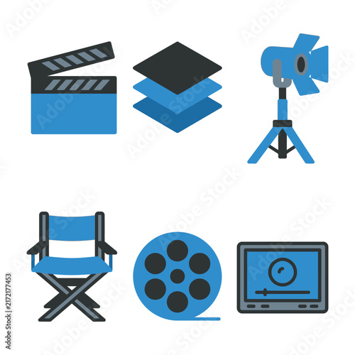 Film Production Icons Set Clapperboard Camera Light Chair Reel Laptop