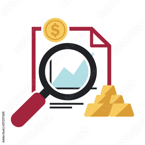 Financial analysis icon with magnifying glass, gold bars and profit chart for business audit
