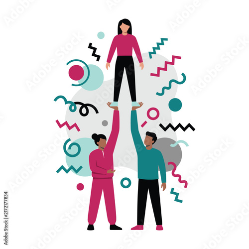 Illustration of a team lifting a leader up for success and support