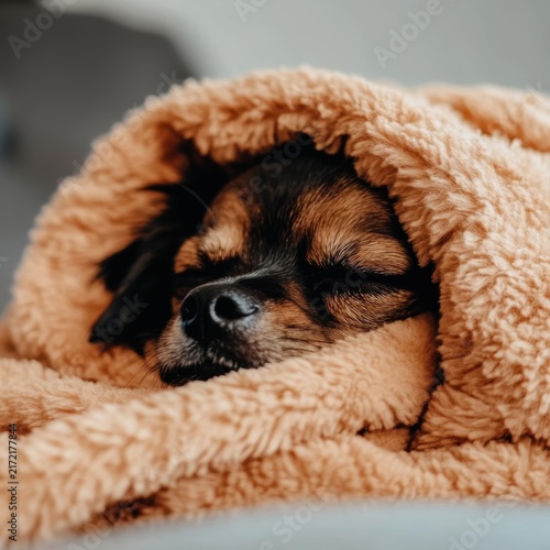 Cozy Dog Wrapped in Soft Blanket Snuggled for Winter Warmth