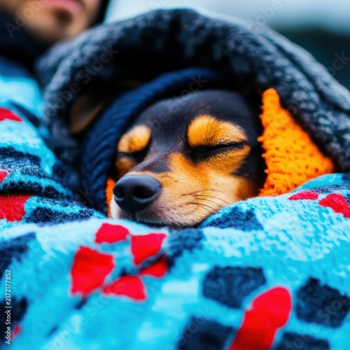 Cozy Dog Sleeping in Warm Blanket with Owner Amid Nature Outdoors