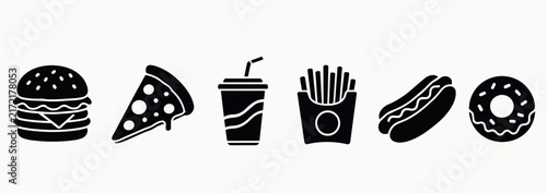 Black fast food icon set with burger pizza drink fries hot dog and donut isolated on white background