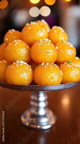 Syrupy Orange Balls on Silver Stand with Blurred Background