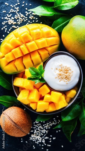 Fresh Mango and Yogurt Bowl with Green Leaves on Dark Background