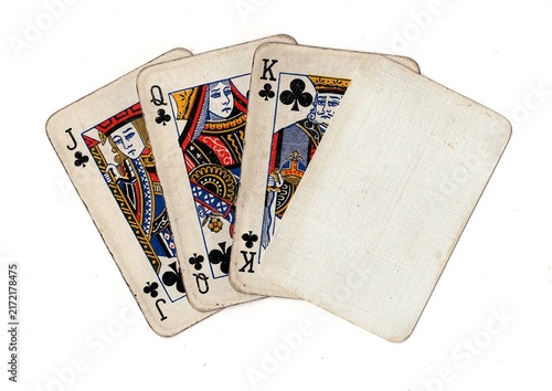 Quadro su tela A hand of grubby old vintage playing cards with one blank card for text or copy isolated on a white background