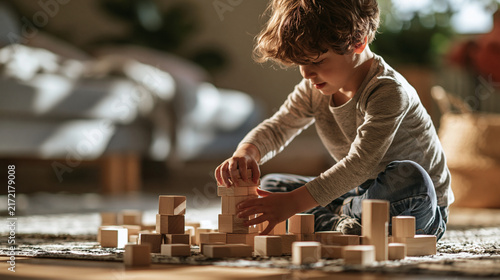 Cute little boy sitting on the floor in the living room playing wooden building blocks