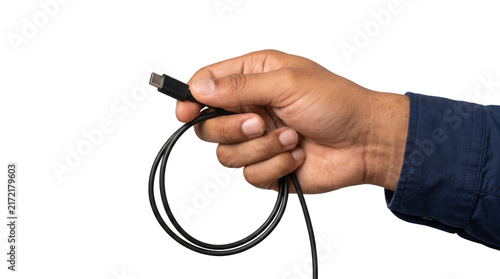 Foto USB C cable held in hand for device charging with PNG, Transparent Background fo
