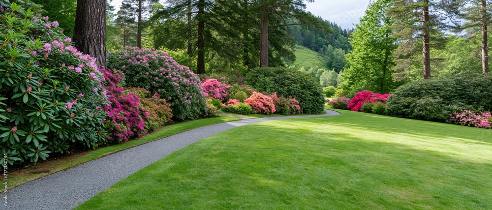 Naklejka premium The Garden Path A Pristine Sunny Landscape With Lush Lawn And Colorful Azaleas