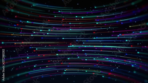 Colorful 3D curved particle lines and glowing dotted trails animate through deep starry space, transitioning into a seamless loop for futuristic digital backgrounds, technology videos, and media.