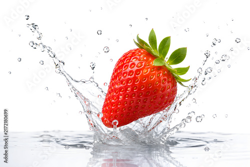 Foto Fresh Strawberry with Water Splash on White Background